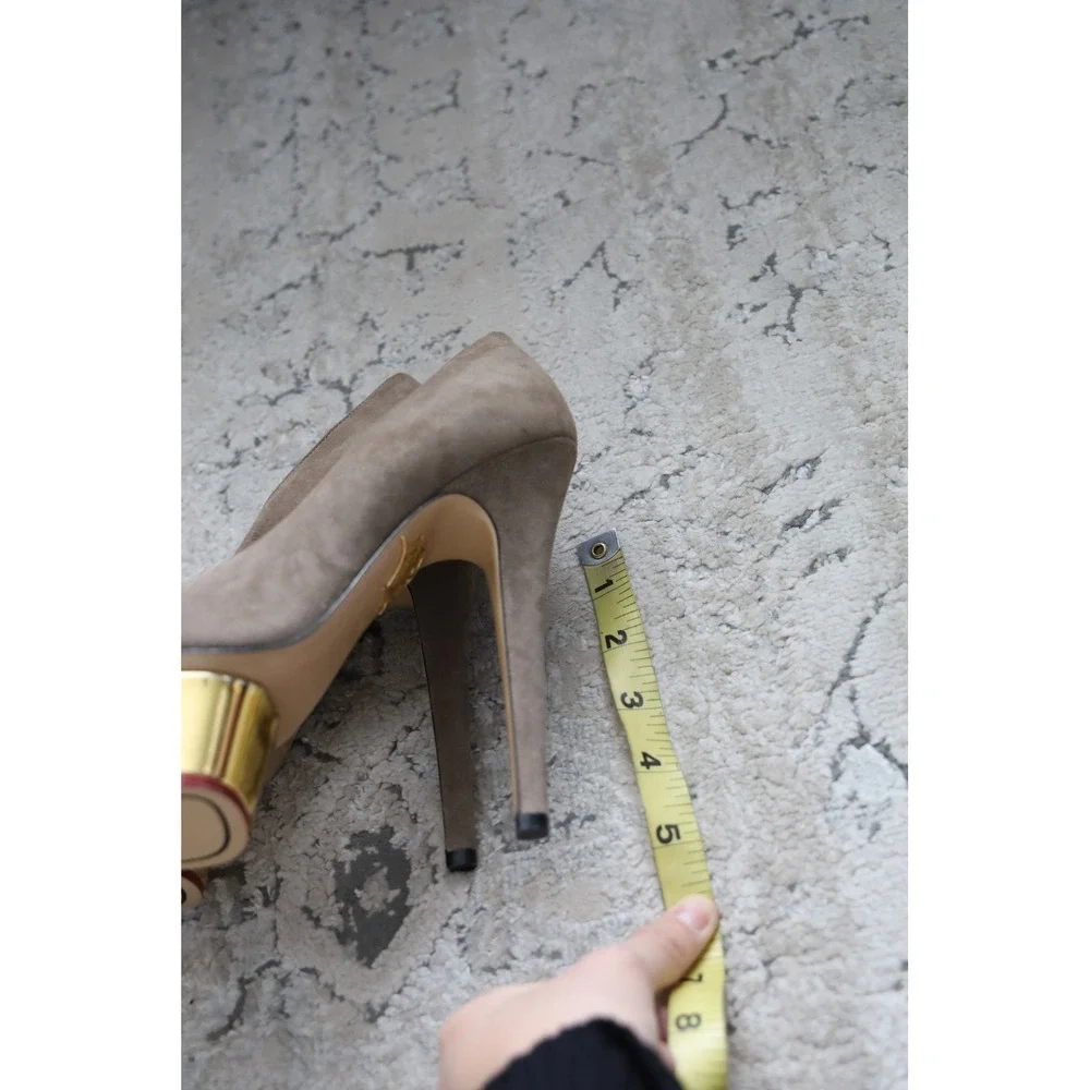 Charlotte Olympia Peep Toe Platform Heels Taupe Suede Gold Stiletto US 4 EU 34‎